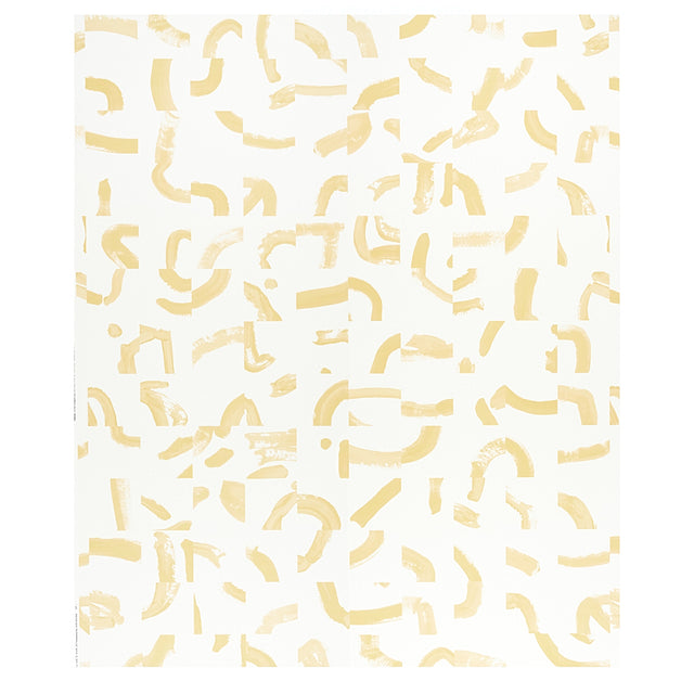 SEPIESSA PANEL SET by Caroline Z Hurley for Schumacher. Abstract yellow brushstroke pattern wallcovering in a modern bedroom setting.