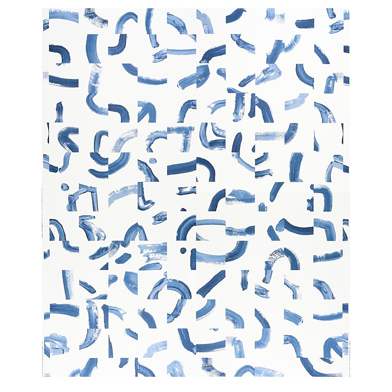 SEPIESSA PANEL SET by Caroline Z Hurley for Schumacher. Abstract blue brushstroke pattern on white wallcovering, shown in a modern bedroom interior.