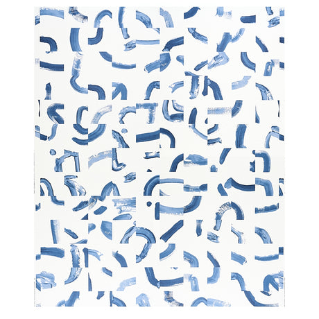 SEPIESSA PANEL SET by Caroline Z Hurley for Schumacher. Abstract blue brushstroke pattern on white wallcovering, shown in a modern bedroom interior.
