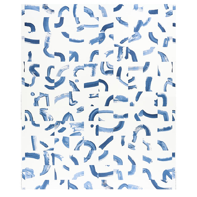 SEPIESSA PANEL SET by Caroline Z Hurley for Schumacher. Abstract blue brushstroke pattern on white wallcovering, shown in a modern bedroom interior.
