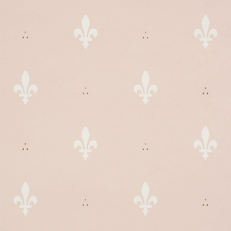 Blush pink wallpaper with white Fleur de Lis pattern by Schumacher