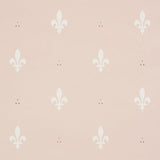 Blush pink wallpaper with white Fleur de Lis pattern by Schumacher