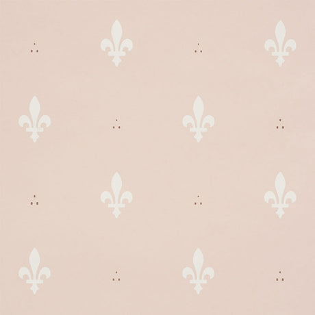 Blush pink wallpaper with white Fleur de Lis pattern by Schumacher