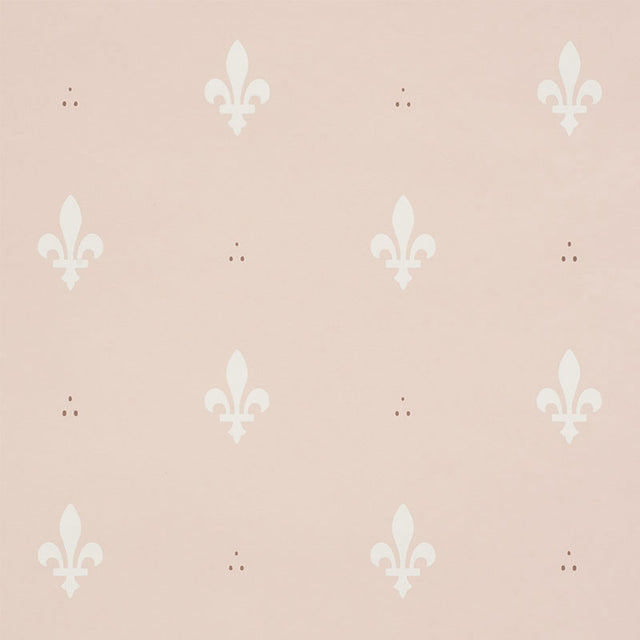 Blush pink wallpaper with white Fleur de Lis pattern by Schumacher