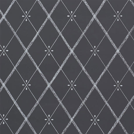 Kasumi Diamond Chalkboard wallpaper by Schumacher featuring a chalky white diamond lattice pattern on a dark background.