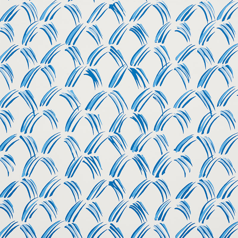 Trevi Diamond Porcelain wallpaper by Schumacher, featuring a small-scale blue geometric brushstroke pattern on a white background.