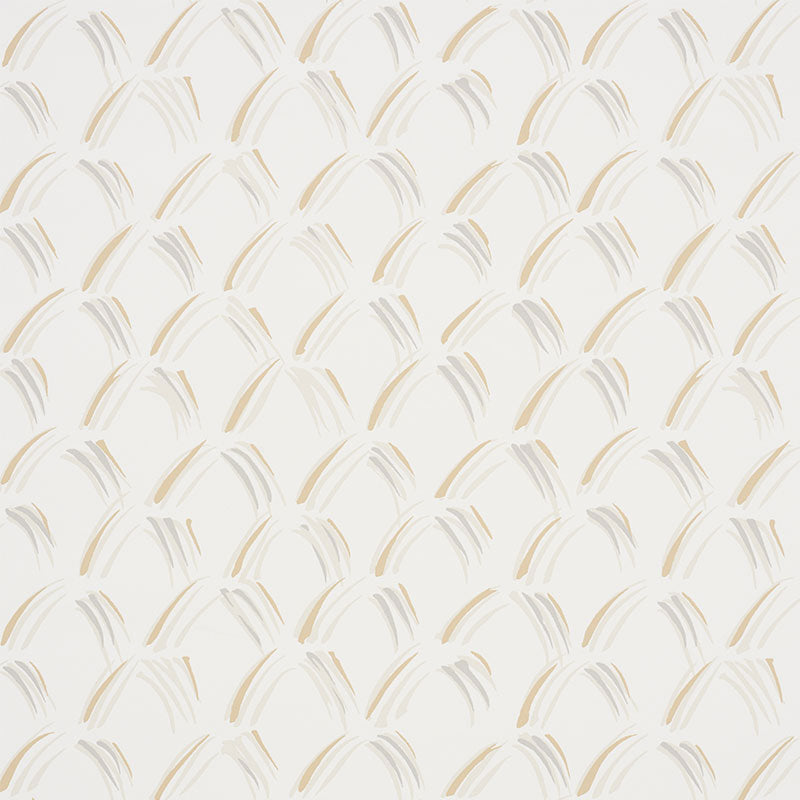 Trevi Diamond wallpaper in Stone by Schumacher, featuring a small-scale geometric brushstroke pattern in neutral tones, shown in a styled bedroom setting.