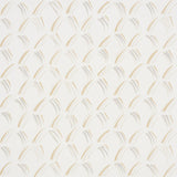 Trevi Diamond wallpaper in Stone by Schumacher, featuring a small-scale geometric brushstroke pattern in neutral tones, shown in a styled bedroom setting.