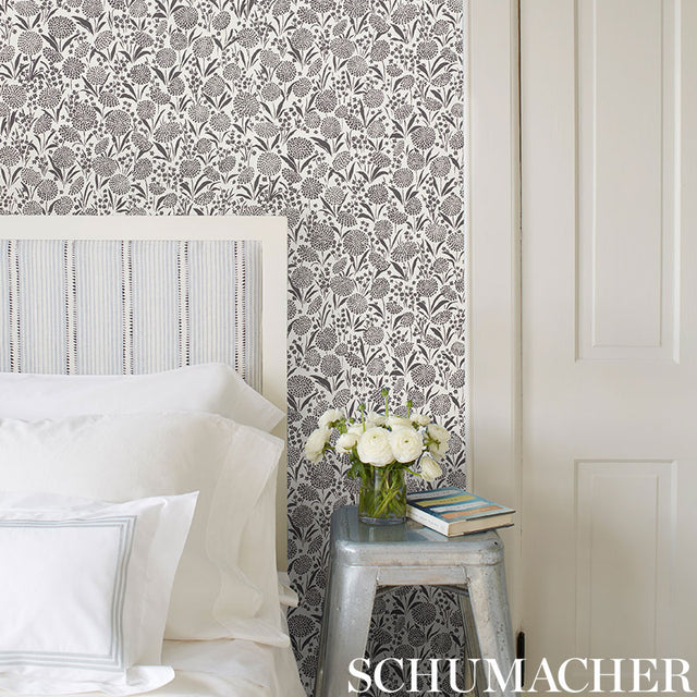 Chrysanthemum Carbon by Schumacher Small-Print Floral Wallpaper – Schumacher 5009553