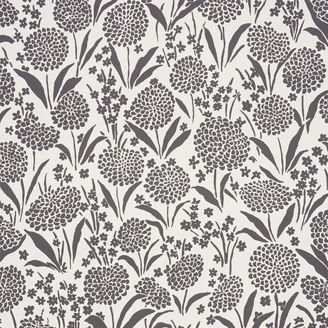 Chrysanthemum Carbon by Schumacher - Small floral print wallpaper in black and white, styled in a bathroom and bedroom setting.