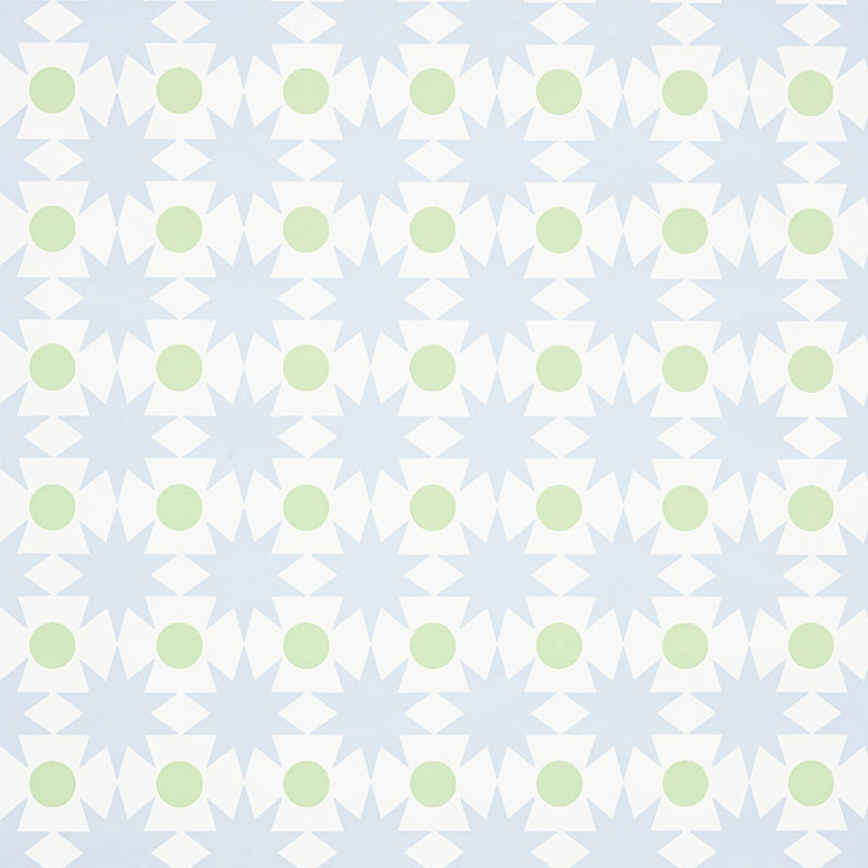 COSMOS wallpaper in Sky by Schumacher, featuring a geometric star and dot pattern in light blue and green.