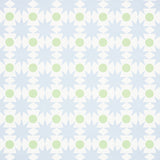 COSMOS wallpaper in Sky by Schumacher, featuring a geometric star and dot pattern in light blue and green.