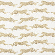 Leaping Leopards Sand wallpaper by Schumacher featuring rows of stylized leopards in motion on a neutral background.