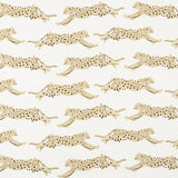 Leaping Leopards Sand wallpaper by Schumacher featuring rows of stylized leopards in motion on a neutral background.