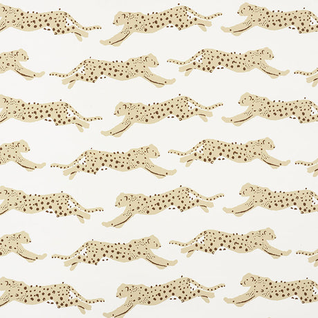 Leaping Leopards Sand wallpaper by Schumacher featuring rows of stylized leopards in motion on a neutral background.