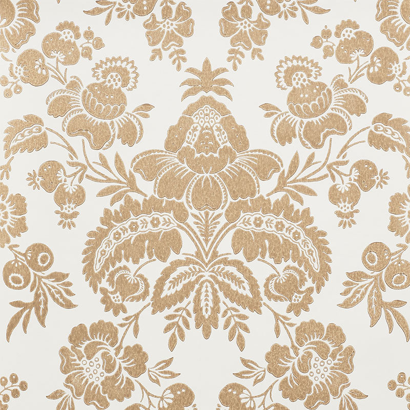 Simone Damask gold surface-printed wallpaper with classic large-scale damask pattern by Schumacher