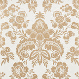 Simone Damask gold surface-printed wallpaper with classic large-scale damask pattern by Schumacher