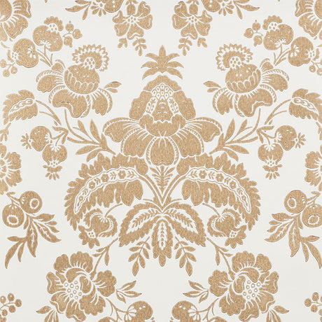 Simone Damask gold surface-printed wallpaper with classic large-scale damask pattern by Schumacher