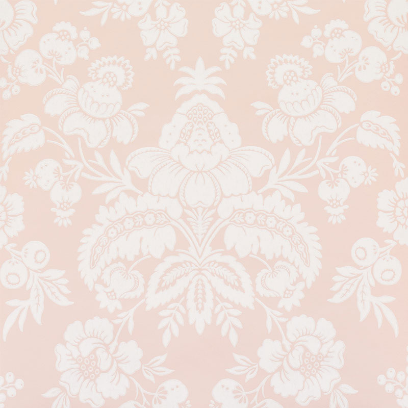 Simone Damask blush pink and white large-scale damask floral wallpaper by Schumacher