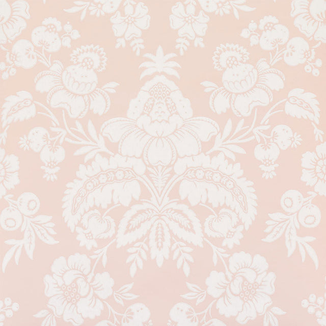 Simone Damask blush pink and white large-scale damask floral wallpaper by Schumacher
