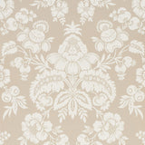 Simone Damask wallpaper in stone colorway, large-scale classic damask pattern by Schumacher