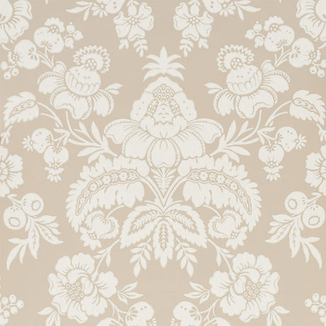 Simone Damask wallpaper in stone colorway, large-scale classic damask pattern by Schumacher