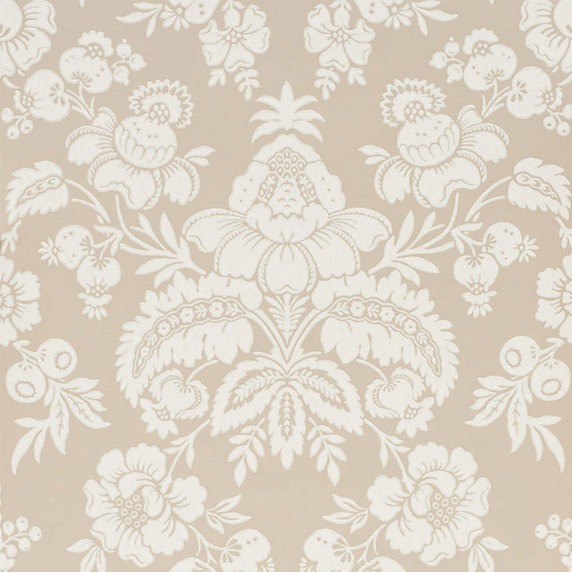 Simone Damask wallpaper in stone colorway, large-scale classic damask pattern by Schumacher