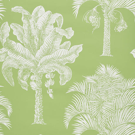 Grand Palms wallpaper in Leaf by Schumacher features a large-scale white palm silhouette print on a green background, shown in a styled interior and close-up.