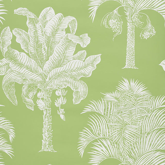 Grand Palms wallpaper in Leaf by Schumacher features a large-scale white palm silhouette print on a green background, shown in a styled interior and close-up.