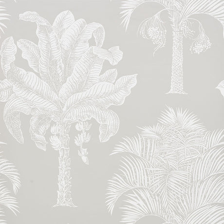 Grand Palms wallpaper in Dove by Schumacher features a large-scale silhouette print of palm trees in a soft neutral colorway.