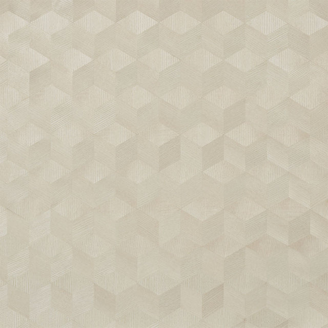 Chevron Inlay Blond handmade wood veneer geometric wallpaper by Schumacher, shown in a modern interior setting.