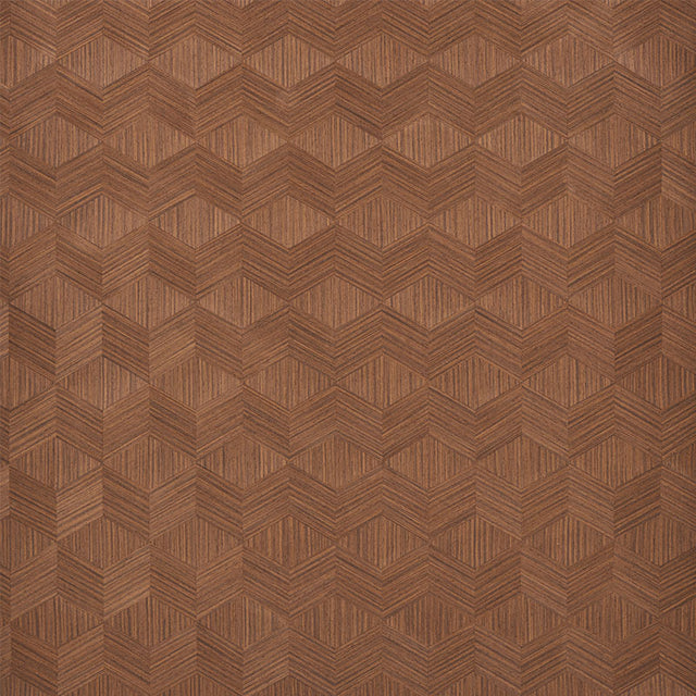 Chevron Inlay wallpaper in Walnut by Schumacher features a sophisticated hand-cut wood veneer chevron pattern.