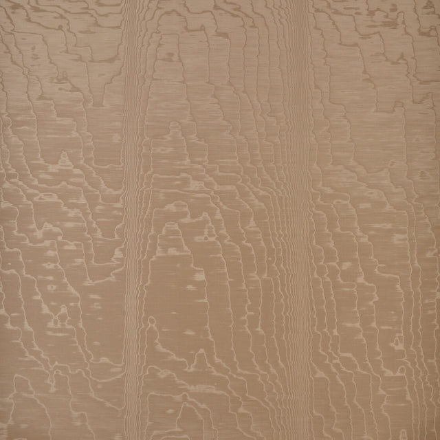 Moire wallcovering in Fawn by Schumacher, featuring a watery, irregular moire pattern with a delicate faille weave in a neutral beige tone.