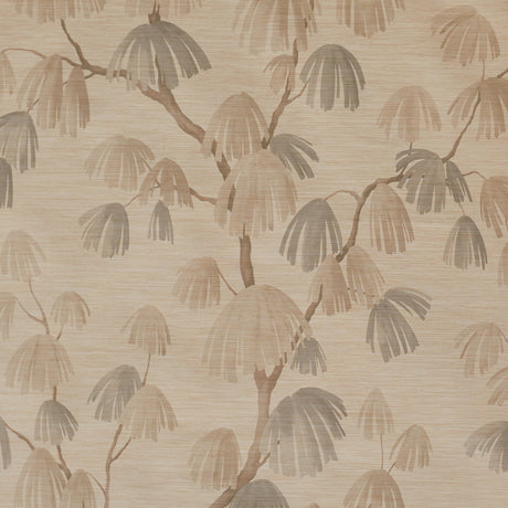 Weeping Pine II wallpaper in Barley by David Kaihoi for Schumacher, featuring a romantic botanical pine tree design in soft neutral tones.