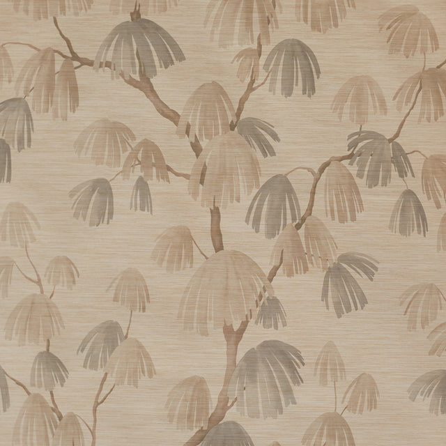 Weeping Pine II wallpaper in Barley by David Kaihoi for Schumacher, featuring a romantic botanical pine tree design in soft neutral tones.