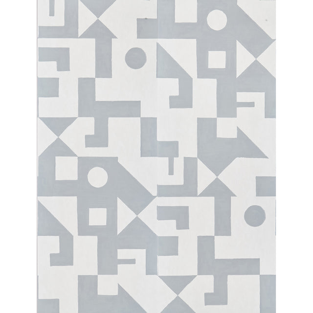 Binary Panel Set by Porter Teleo for Schumacher. A geometric, mural-like wallcovering in silver and white with bold abstract shapes.
