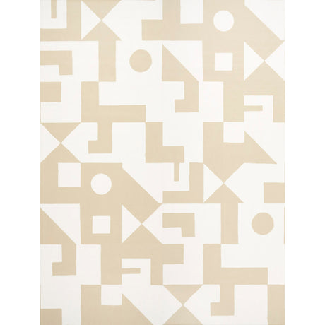 Binary Panel Set in Camel by Porter Teleo for Schumacher. Modern geometric abstract wall mural in beige and white, shown in a styled interior and close-up views.