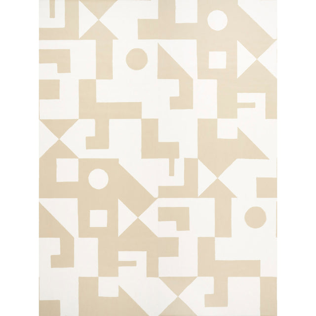 Binary Panel Set in Camel by Porter Teleo for Schumacher. Modern geometric abstract wall mural in beige and white, shown in a styled interior and close-up views.