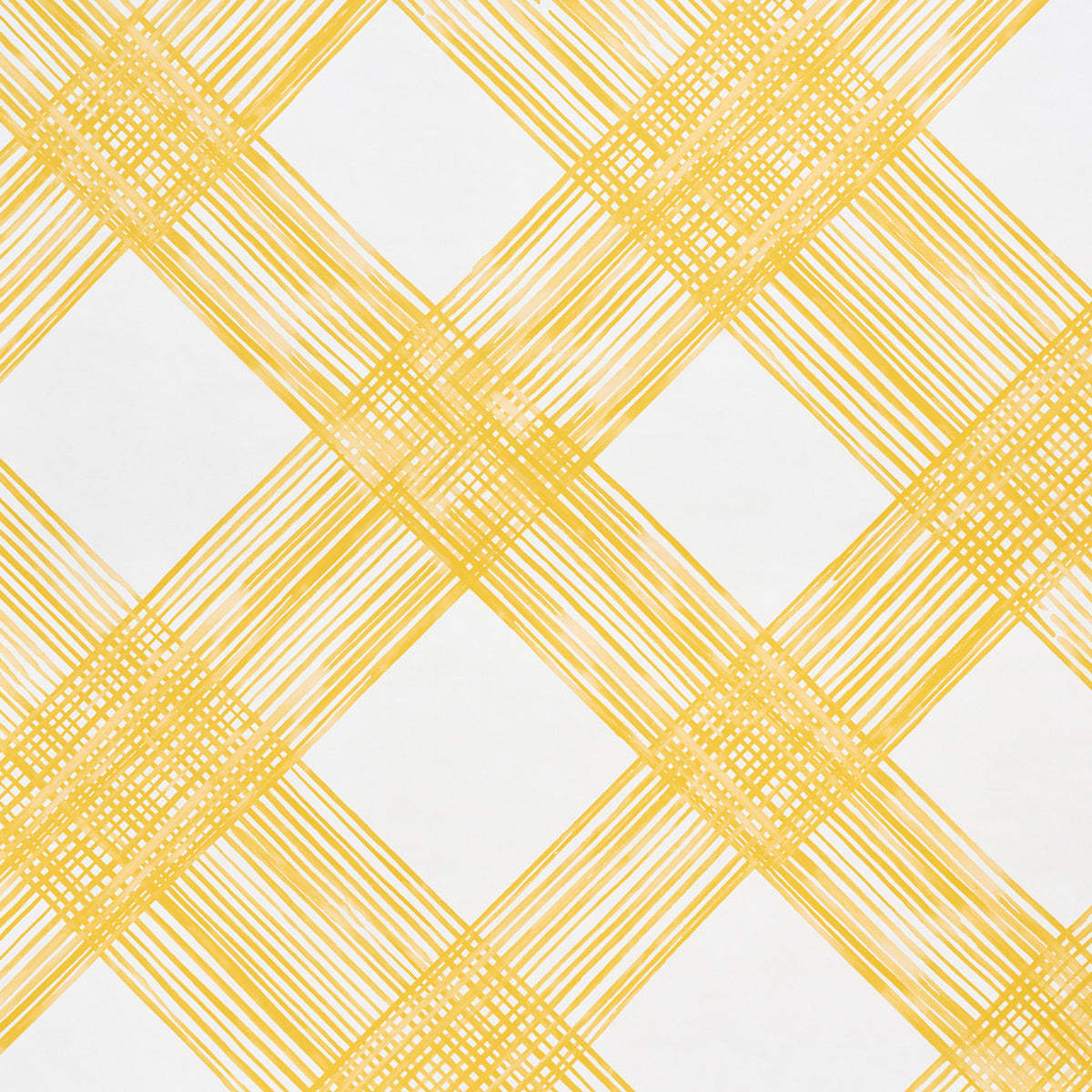 TRAVERSE by Porter Teleo for Schumacher. Large-scale yellow hand-painted trellis pattern wallpaper in a modern, graphic style.