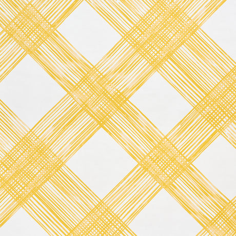 TRAVERSE by Porter Teleo for Schumacher. Large-scale yellow hand-painted trellis pattern wallpaper in a modern, graphic style.