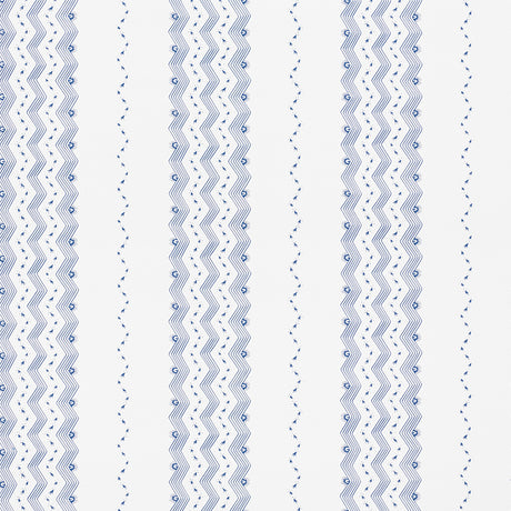 Nauset Stripe Indigo wallpaper by Schumacher, featuring a blue and white zigzag stripe pattern, shown in a modern bedroom setting.