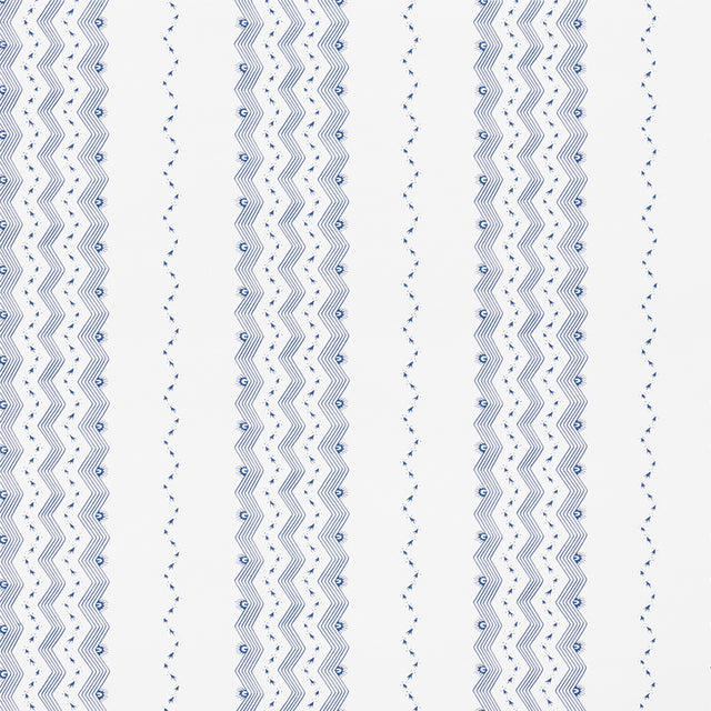Nauset Stripe Indigo wallpaper by Schumacher, featuring a blue and white zigzag stripe pattern, shown in a modern bedroom setting.