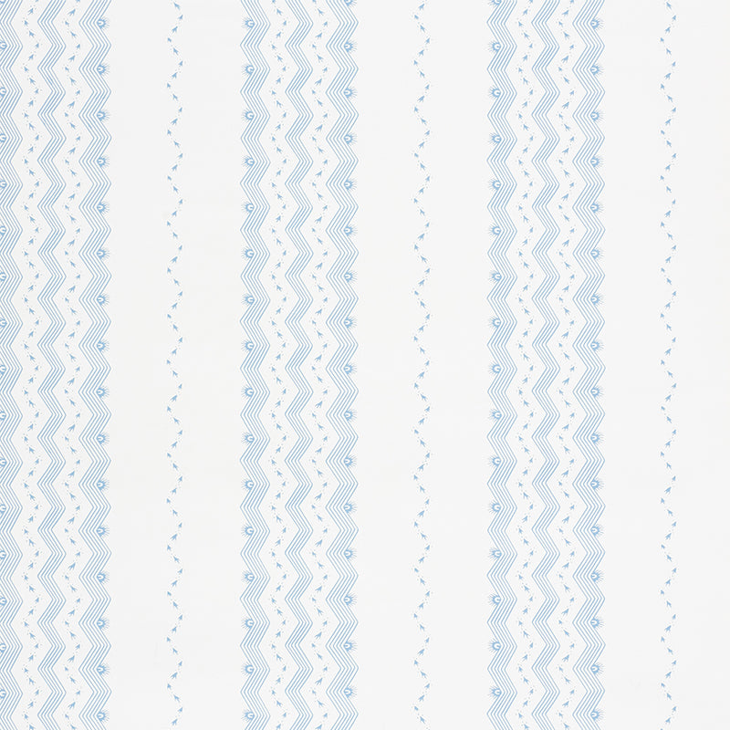 Nauset Stripe wallpaper in Sky by Schumacher, featuring a soft blue zigzag stripe pattern on a white background, styled in a modern bedroom setting.