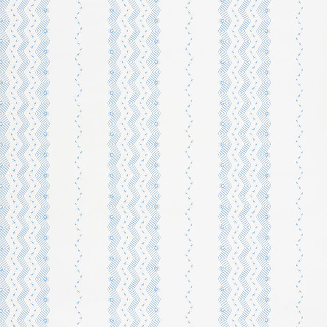 Nauset Stripe wallpaper in Sky by Schumacher, featuring a soft blue zigzag stripe pattern on a white background, styled in a modern bedroom setting.