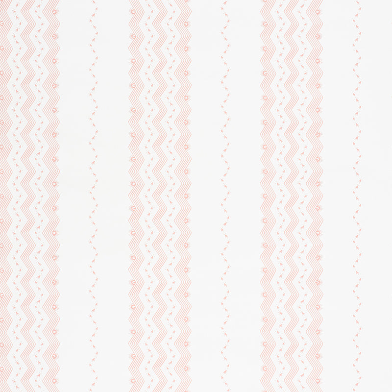Nauset Stripe Blush wallpaper by Schumacher featuring a soft blush pink zigzag and dotted stripe pattern on a white background, shown in nursery and bedroom settings.