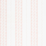 Nauset Stripe Blush wallpaper by Schumacher featuring a soft blush pink zigzag and dotted stripe pattern on a white background, shown in nursery and bedroom settings.