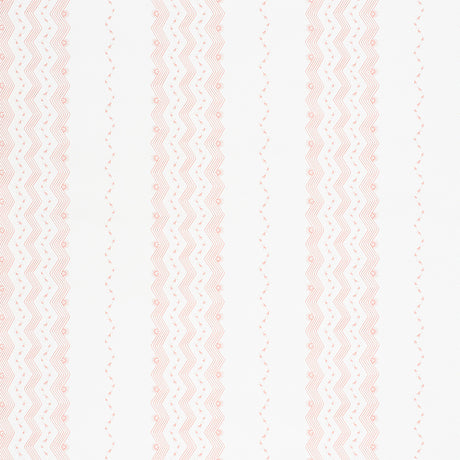 Nauset Stripe Blush wallpaper by Schumacher featuring a soft blush pink zigzag and dotted stripe pattern on a white background, shown in nursery and bedroom settings.