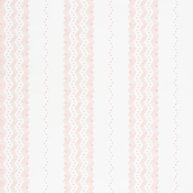 Nauset Stripe Blush wallpaper by Schumacher featuring a soft blush pink zigzag and dotted stripe pattern on a white background, shown in nursery and bedroom settings.
