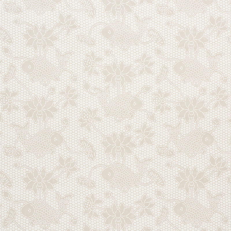 Lotus Batik wallpaper in Natural by Schumacher, featuring a painterly batik-inspired motif with fish and lotus flowers.