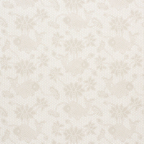 Lotus Batik wallpaper in Natural by Schumacher, featuring a painterly batik-inspired motif with fish and lotus flowers.
